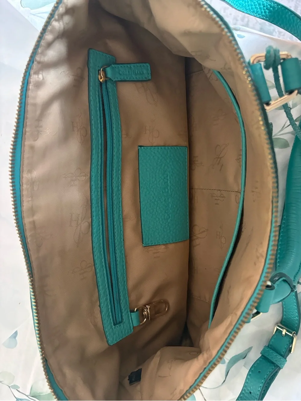 Cole Haan Turquoise Pebble Leather Satchel with Gold Hardware